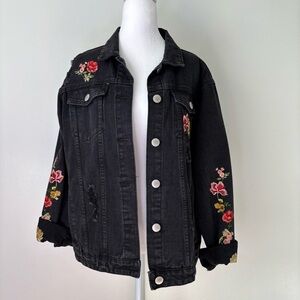 Cotton On Black Denim Jacket with Floral Embroidery